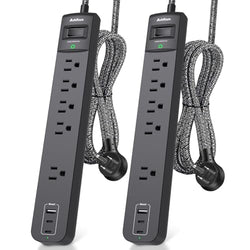 2 Pack Surge Protector Power Strip – 5 Wide Outlets, 3 USB Ports, 6FT Braided Cord, Flat Plug, 15A
