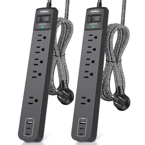 2 Pack Surge Protector Power Strip – 5 Wide Outlets, 3 USB Ports, 6FT Braided Cord, Flat Plug, 15A