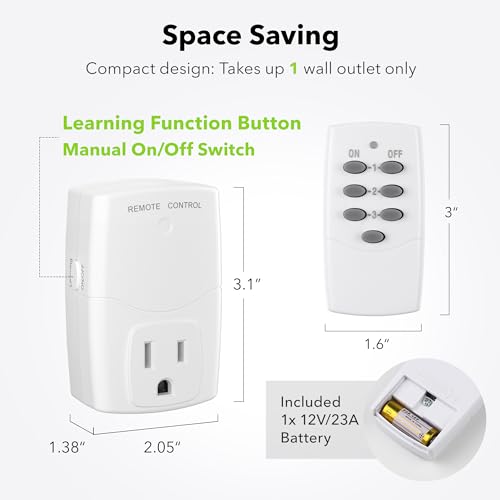 BN-LINK Mini Wireless Remote Control Outlet Switch Power Plug in for Household Appliances, Wireless Remote Light Switch, LED Light Bulbs, White (1 Remote + 3 Outlet) 1250W/10A