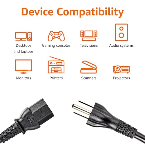 Basics Replacement Power Cord for Computer, Monitor, TV, Printer, PC, 3 Prong, 18 AWG, 125 Volts, 10 Feet, Black
