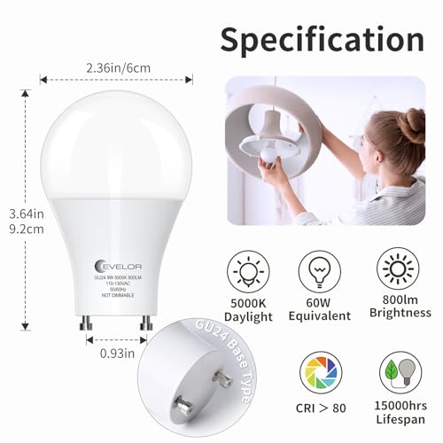 GU24 LED Light Bulb,60 Watt Equivalent Daylight White 5000K,Non-Dimmable,Efficient 9W,800 Lumens Twist and Lock 2 Prong Light Bulbs,15000 Hours,Ideal for Kitchen,Living Room,Bedroom, 4-Packs