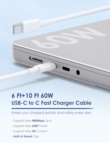 Essri MacBook Pro Charger,100W USB C Charger 2Pack with Foldable Plug,Dual 65W Ports Fast Charging for MacBook Pro Air,iPad Pro,iPhone 17/16/15,Includes 6FT+10FT USB C to C Cables - White