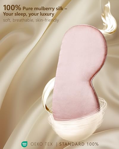 Silk Sleep Mask for Women - Soft Breathable Organic Natural Mulberry Silk Fabric Blackout Eye Mask for Sleeping with Adjustable Straps No Pressure Eye Mask for Travel Essentials Gifts (Pink)
