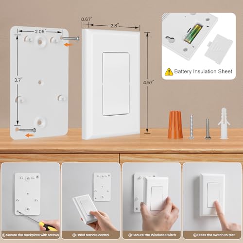 SURAIELEC Wireless Wall Switch Remote Control Outlet, No Wiring Needed, 100ft RF Range, Pre-Programmed, Expandable Remote Light Switch Kit for Plug in Pendant Light, Lamp, Small Electrical Appliance