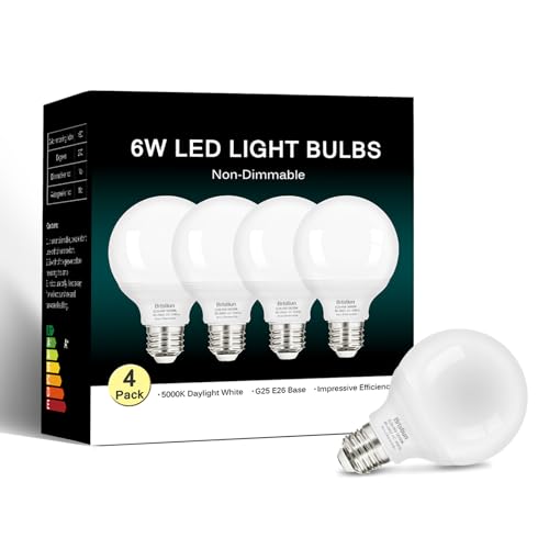 G25 LED Light Bulb, Round Vanity Light Bulbs for Bathroom, 40W LED Equivalent, Daylight White 5000K, Globe Light Bulbs E26 Base, 600LM, Non-Dimmable, 4-Pack