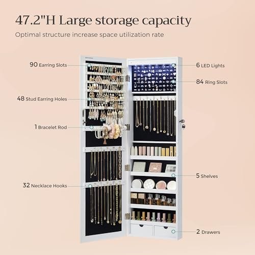 SONGMICS 6 LEDs Mirror Jewelry Cabinet, 47.2-Inch Tall Lockable Wall or Door Mounted Jewelry Armoire Organizer with Mirror, 2 Drawers, 3.9 x 14.6 x 47.2 Inches, White UJJC93W