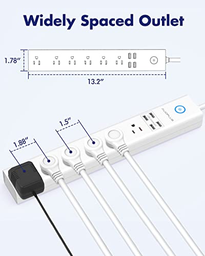 Power Strip 10Ft - Surge Protector with USB, AUOPLUS 6 Outlet and 4 USB Charger, 10Ft Long Extension Cord Flat Plug(1250W/10A/2100J), Wall Mountable Overload Protection for Computer Home Office Dorm