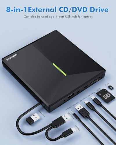 External CD/DVD Drive for Laptop, USB 3.0 DVD Player with 4 USB Ports & 2 TF/SD Card Slots, Portable CD/DVD +/-RW Drive Burner Reader Writer for Desktop PC Windows 11/10/8/7 Linux Mac OS