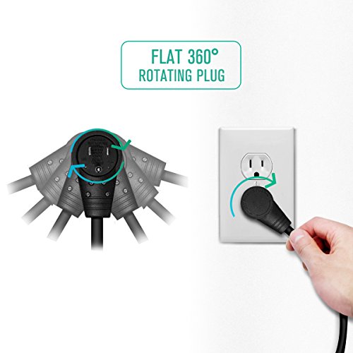 Nekteck 360° Rotating Flat Plug Extension Cord 1 Foot, 14AWG 3 Prong Extension Cord, Low Profile Right Angle Power Cord, Flat Extension Cord Grounded Wire, 15A - UL Certified, Black