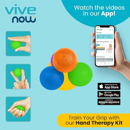Vive Hand Therapy Squeeze Balls – Grip Strengthener & Exercise Set for Fingers, Wrists & Forearms (Arthritis, Carpal Tunnel, Stress Relief, Rehab Video App Included)