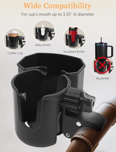 Universal Stroller Cup Holder with Phone Holder, 360° Rotatable Strong Clip, Big Storage Space for Walker, Wheelchair, Stroller, Bike