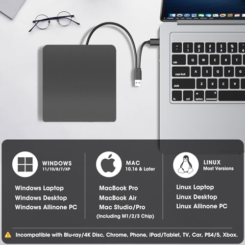 ROOFULL External CD DVD +/-RW Drive for Laptop Mac, USB 3.0 & USB-C CD DVD Disc Reader Writer Burner CD-ROM Portable DVD Player with Carrying Case for Windows 11/10 PC MacBook Pro Linux Computer