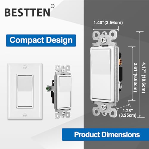 BESTTEN 10 Pack Single Pole Decorator Light Switch with Wallplate, 15A 120/277V, Rocker Paddle Wall Switch, On/Off Interrupter for LED and Other Lamps