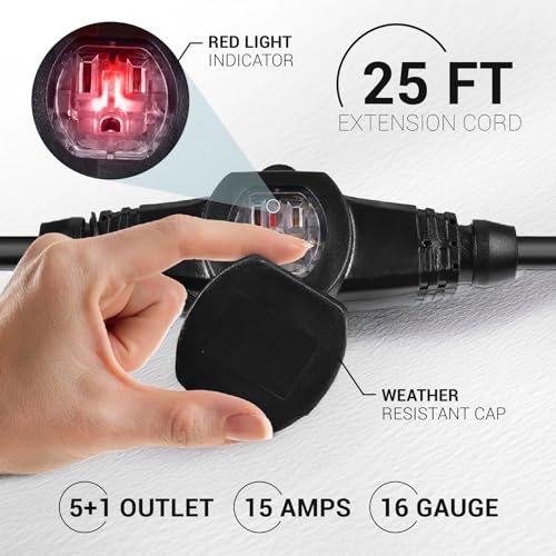COLSEN Extension Cord with Multiple Outlets – 25 ft Heavy Duty 16 Gauge Power SJTW Cable, 15 Amp 3 Prong 6 NEMA Multi Plug, 16 AWG Male to Female Connector, 5-15R Female Socket, Outdoor/Indoor Black