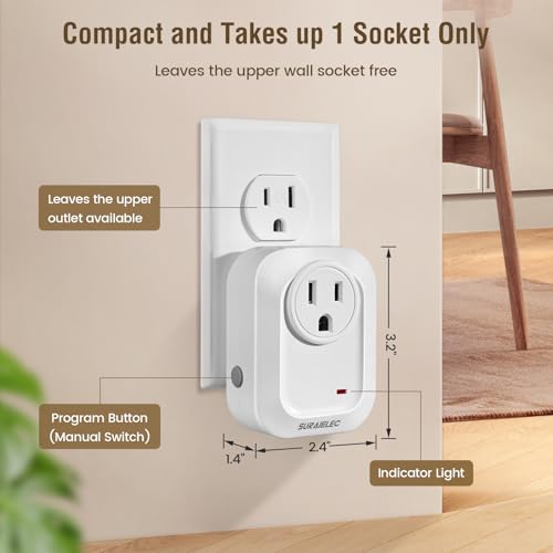 SURAIELEC Wireless Wall Switch Remote Control Outlet, No Wiring Needed, 100ft RF Range, Pre-Programmed, Expandable Remote Light Switch Kit for Plug in Pendant Light, Lamp, Small Electrical Appliance