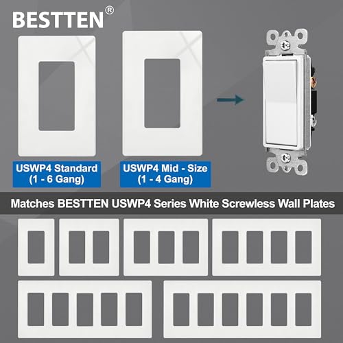 BESTTEN 10 Pack Single Pole Decorator Light Switch with Wallplate, 15A 120/277V, Rocker Paddle Wall Switch, On/Off Interrupter for LED and Other Lamps