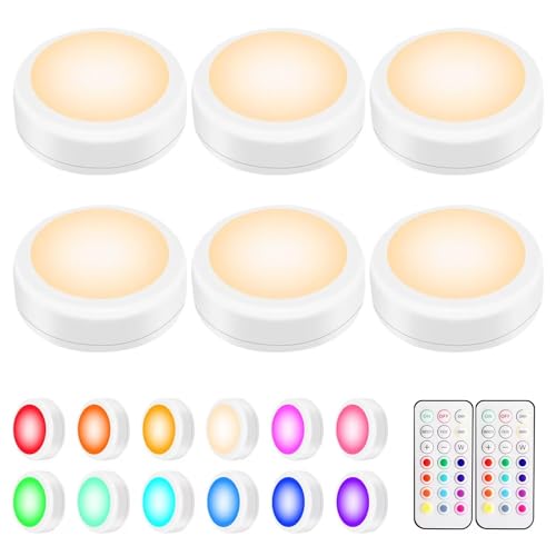 BLS LED Puck Lights with Remote Control, Wireless Under Cabinet & Closet Lighting, RGB 13 Color Changing Lights with Dimmer, Timer & AA Battery Operated, Push, Touch, Stick on for Night, White, 6 Pack