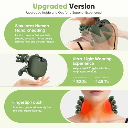 Shoulder and Neck Massager, Bionic Heated Massager, Neck Massager with Fingers, 4D Kneading Massage, Simulates a Real Palm Massage for Comfort, Relax Muscle Tension (Green)