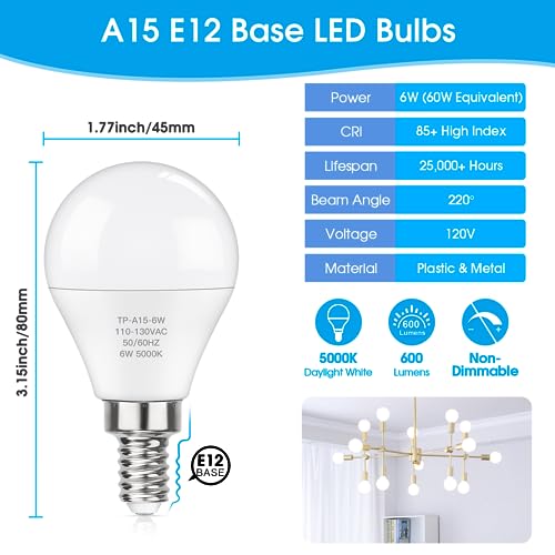 MAXvolador E12 LED 60W Equivalent Daylight White 5000K Ceiling Fan Bulbs, 600LM CRI 85+ Small Base Candelabra Bulbs, 6W Non-Dimmable, Pack of 6