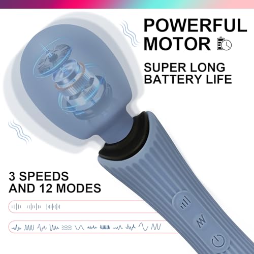Cordless Handheld Personal Massager - Soft Silicone & Waterproof & USB Rechargeable & Quiet Motor, with 12 Vibration Patterns, 3 Powerful Speeds, for Muscle Tension Relief - Rose Blue