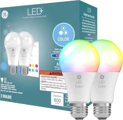 GE LED+ Color Changing LED Light Bulbs with Remote, No App or Wi-Fi Required, A19 Standard Bulbs (2 Pack)