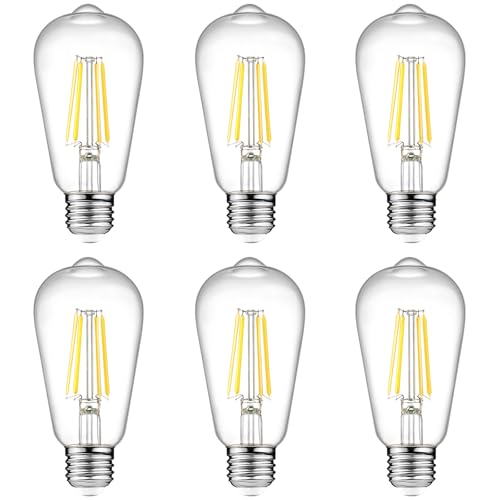 Ascher Vintage LED Edison Bulbs, 6W, Equivalent 60W, Non-Dimmable, High Brightness Cool White 4000K, ST58 Antique LED Filament Bulbs with 80+ CRI, E26 Medium Base, Clear Glass, Pack of 6