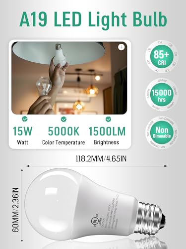 12 Pack LED Light Bulbs 100 Watt Equivalent, A19 15W 5000K Daylight, Super Bright White Light 1500 Lumens, E26 Standard No Flicker Energy Saving Lamp Bulb for Home, Bedroom, Office, Non-Dimmable