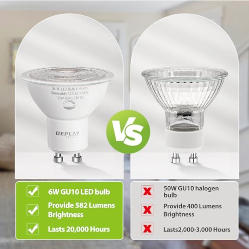 GEPLAD 6-Pack GU10 LED Bulb Dimmable, 3000K Soft White GU10 Bulb Replacement for Track Lighting, 582LM, 6W(50W Equivalent) LED Light Bulb for Kitchen, Range Hood, Living Room, Bedroom