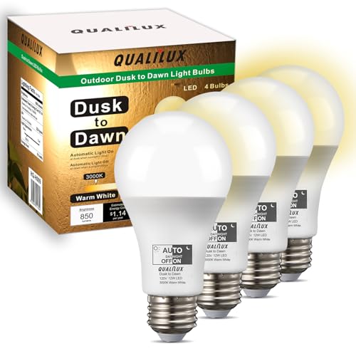Dusk to Dawn LED Light Bulbs Outdoor, Automatic On/Off, 60W Equivalent, Warm White 3000K, Energy Efficient 9.5W, 850 Lumen, A19, E26 Base, 4-Pack, HQ-H009