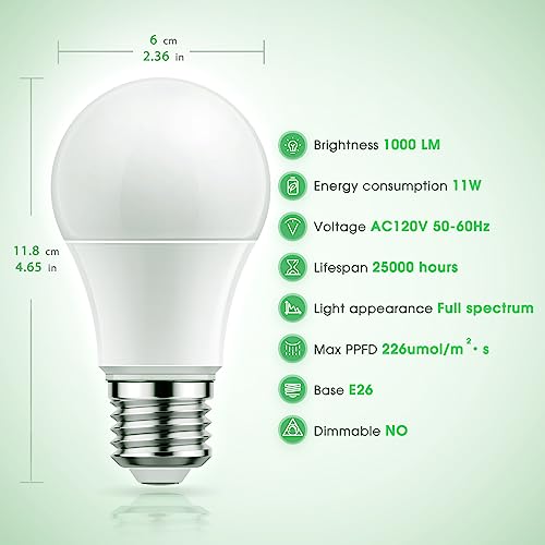 Briignite Full Spectrum LED Grow Light Bulb - A19 E26 Base, 11W (100W Equivalent) - for Indoor Plants, Seed Starting - 3 Pack