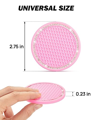 JOYTUTUS Cup Holder Coasters for Car, 2 Pack Universal Anti-Slip Car Coasters with Crystal Rhinestone, 2.75 inch/6.98 cm PVC Cup Holder Insert Coaster, Pink Car Accessories (Pink with Diamond)