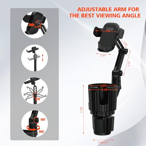 Newlest 2 in 1 Phone Mount for Car Cup Holder with Adjustable Base, Holders for Car Cupholder, No Shaking 360° Flexible Neck Phone Mount for All 4-7” Smartphones, Cup Holder for Most Bottles