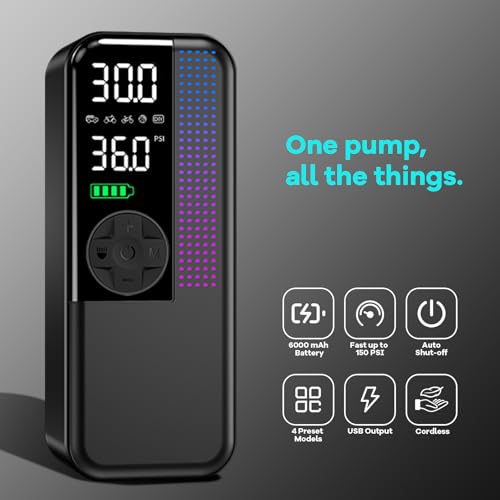 Tire Inflator Portable Air Compressor, 150 PSI Cordless Air Pump, Dual Power 6000mAh, 12V DC Car Plug, Fast Inflation 24L/Min, Auto Shut-Off, LED Light, 4 Preset Modes for Car, Bike, Motorcycle, Balls