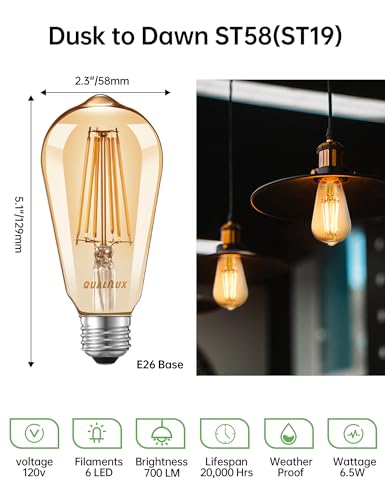 Dusk to Dawn Edison Light Bulbs ST19, Vintage Amber Glass, 2300K Amber Warm, 6.5W=60W, Non-Dimmable Auto On/Off Light Sensing LED Filament Bulb Outdoor, 700LM, E26, 2-Pack, HQ-H027