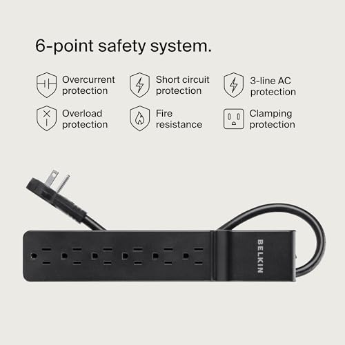 Belkin Surge Protector Power Strip with 6 AC Outlets, 6ft/1.8M Long Heavy-Duty Extension Cord, & 360-Degree Rotating AC Plug for Conference Rooms, Computer Desktops, & More - 600 Joules of Protection