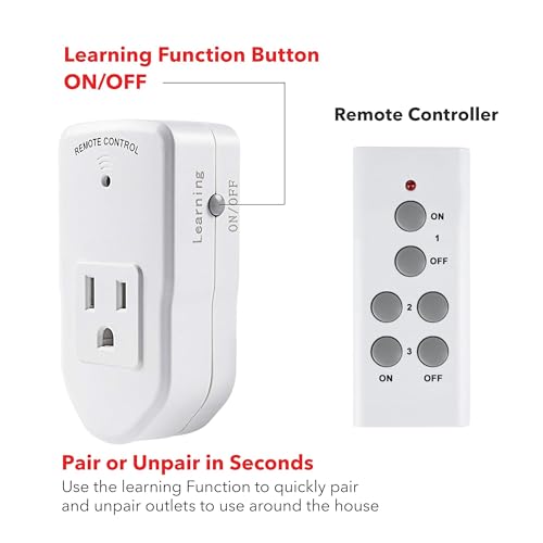 BN-LINK Wireless Remote Control Outlet Electrical Switch for Lights, Fans, Christmas Lights, Small Appliance, 100ft Long Range White 10A/1200W, 1 Remote + 1 Outlet, ETL & FCC Certified