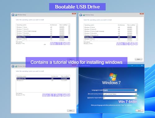 64GB - Bootable USB Drive 3.2 for Windows 11/10 / 8.1/7, Install/Recovery, No TPM Required, Included Network Drives (WiFi & LAN),Supported UEFI and Legacy, Data Recovery, Repair Tool