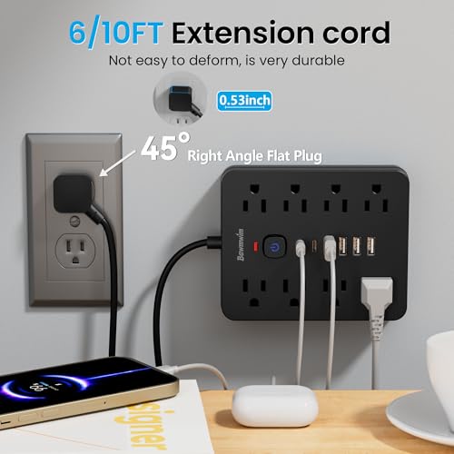 Surge Protector Power Strip, 8 Outlets(1250W/10A), 6 USB Charging Ports(2 USB C), 6FT Flat Plug Extension Cord Outlet Extender with Overload Protection, ETL Certified for Office, Dorm Room