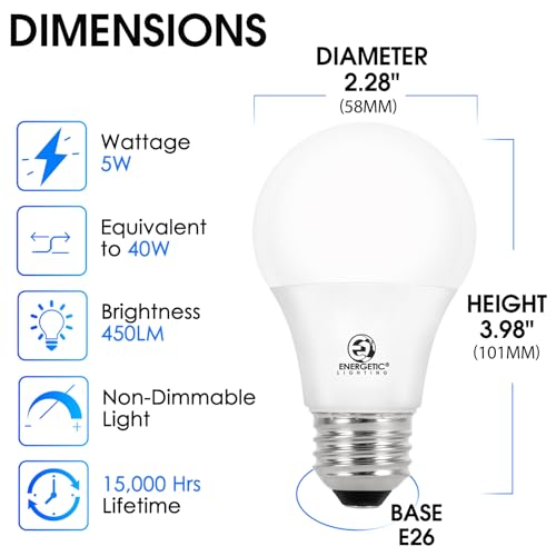Energetic Lighting 40W Equivalent A19 LED Light Bulb, Warm White 3000K, E26 Standard Base, ETL Listed, Non-Dimmable LED Light Bulb, 4-Pack