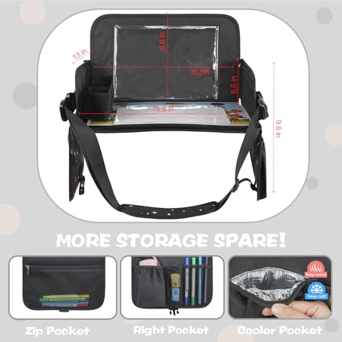 MENZOKE Kids Travel Tray, Road Trip Activities for Kids with Dry Erase Board & Cooler Cup Holder, Toddler Car Activities with No-Drop iPad Holder Stand, Roadtrip Essentials for Toddlers, Black