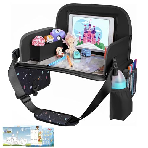 MENZOKE Kids Travel Tray, Road Trip Activities for Kids with Dry Erase Board & Cooler Cup Holder, Toddler Car Activities with No-Drop iPad Holder Stand, Roadtrip Essentials for Toddlers, Black
