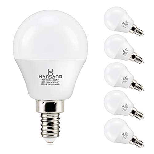 hansang 6 watt (60w Equivalent) LED Bulbs, E12 Small Base Candelabra Round Light Bulb, 600 Lumen, Warm White 2700K Ceiling Fan Light Bulbs, A15 LED Bulb Globe Shape, Non dimmable (6 Pack)