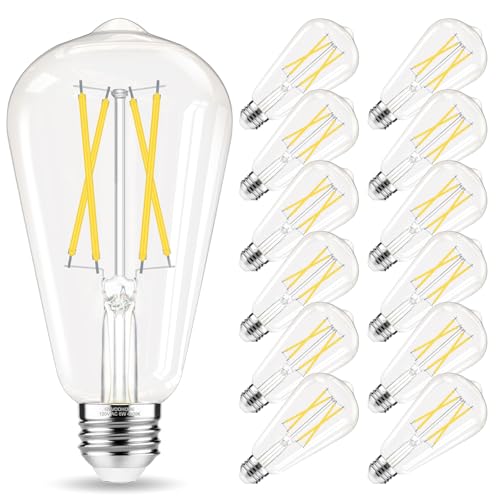 Edison Bulbs 60 watt Equivalent LED, E26 LED Bulb Non-Dimmable, 4000K Daylight White, ST58 Vintage Light Bulbs, 90+ CRI, 6W 600LM, E26 Medium Base, Clear Glass, 12 Pack