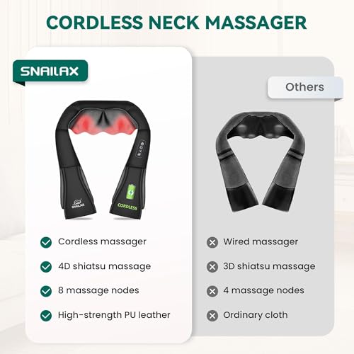 Snailax Cordless Massager - Shiatsu Neck and Shoulder Massager with Heat, FSA Eligible, Portable, Lumbar, Back Electric Massage Pillow, Christmas Gift