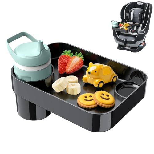 Car Seat Snack Tray for Toddlers - 3 Inch Cup Holder Fits Most Sippy Cups & Straw Bottles with Dip Well, Mess-Free Square Kids Travel Tray Road Trip Essentials, Black