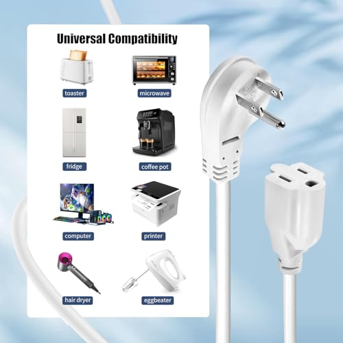 1875W Short Extension Cord,15A 14AWG Low Profile Flat Plug Heavy Duty Extension Cord Outlet Saver 3-Prong Grounded Power Extension Cable (White 1 Feet)