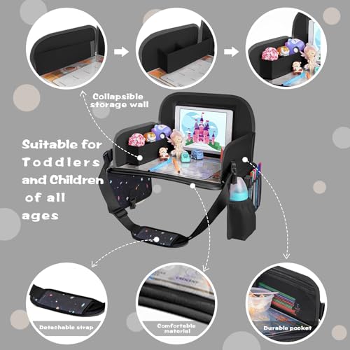 MENZOKE Kids Travel Tray, Road Trip Activities for Kids with Dry Erase Board & Cooler Cup Holder, Toddler Car Activities with No-Drop iPad Holder Stand, Roadtrip Essentials for Toddlers, Black