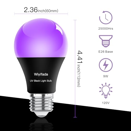 LED Black Light Bulbs 2 Pack, A19 9W UV Black Light Replace Up to 100W, 120V E26 Base UVA Level 385-400nm, Glow in The Dark for Body Pain, Blacklights Party, Halloween