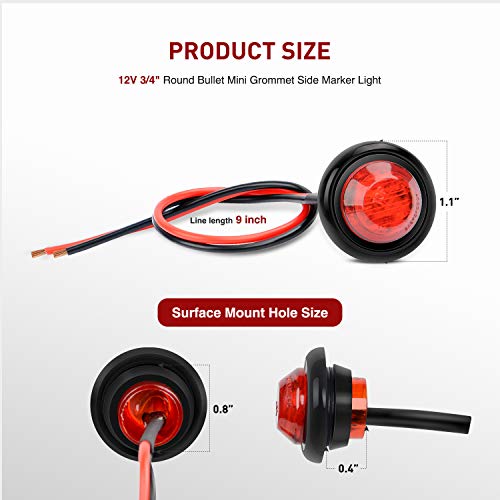 Nilight - TL-04 10 PCS 3/4 Inch Round LED Clearance Light LED Front Rear Side Marker Indicator Light Bullet Marker Light for Truck RV Car Bus Trailer Van Caravan Boat 12V, Red