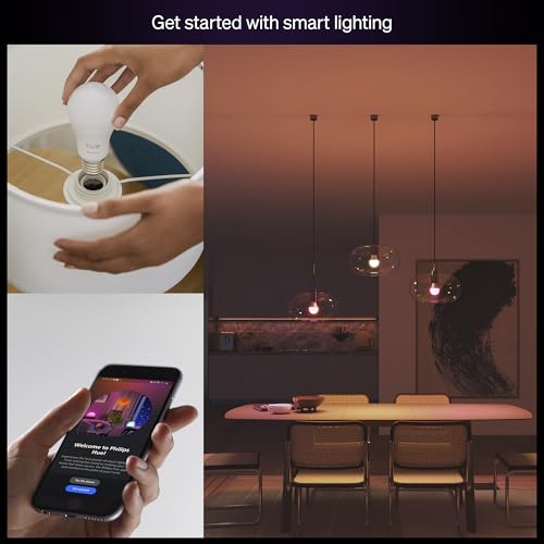 Philips Hue Essential Smart LED A19 Bulb, White and Color Ambiance, E26 Base, 8.8W, 2200K-6500K, 800 Lumens, Dimmable, Works with Alexa, Google, and Apple Home, 4-Pack